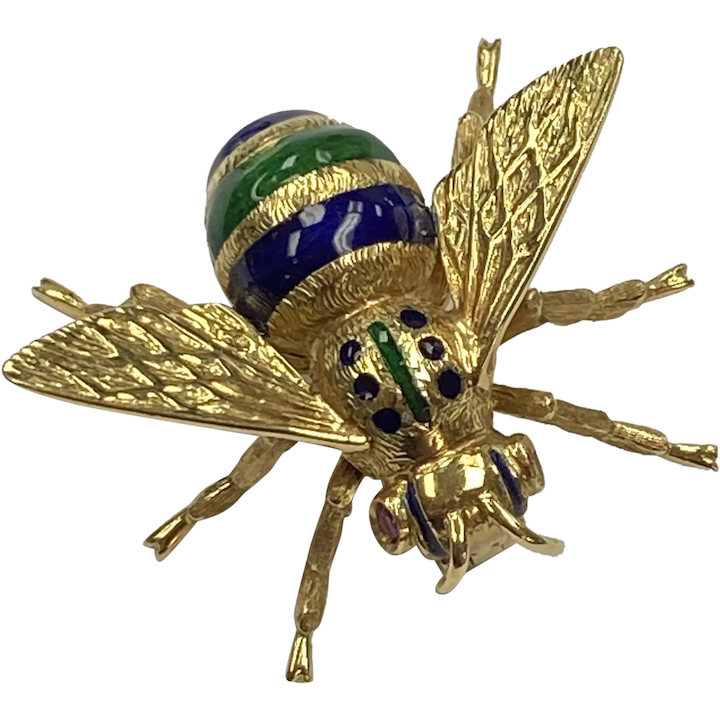 Colorful Enameled BEE Pin Brooch 18K Gold and Ruby .05 ct, Italy