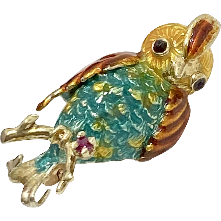 Colorful Quail Bird Pin/Brooch 14K Gold, Ruby & Enamel