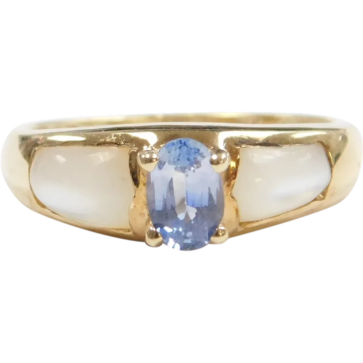 Cornflower Blue Sapphire .53 Carat and Mother Of Pearl Ring 14k Gold