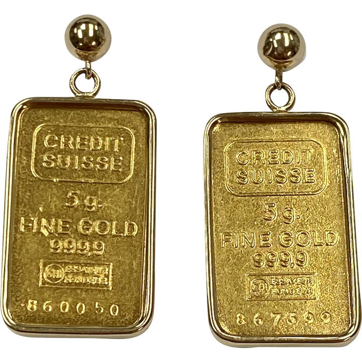 Credit Suisse Fine Gold Bullion Dangle Earrings in 14K Gold Frame