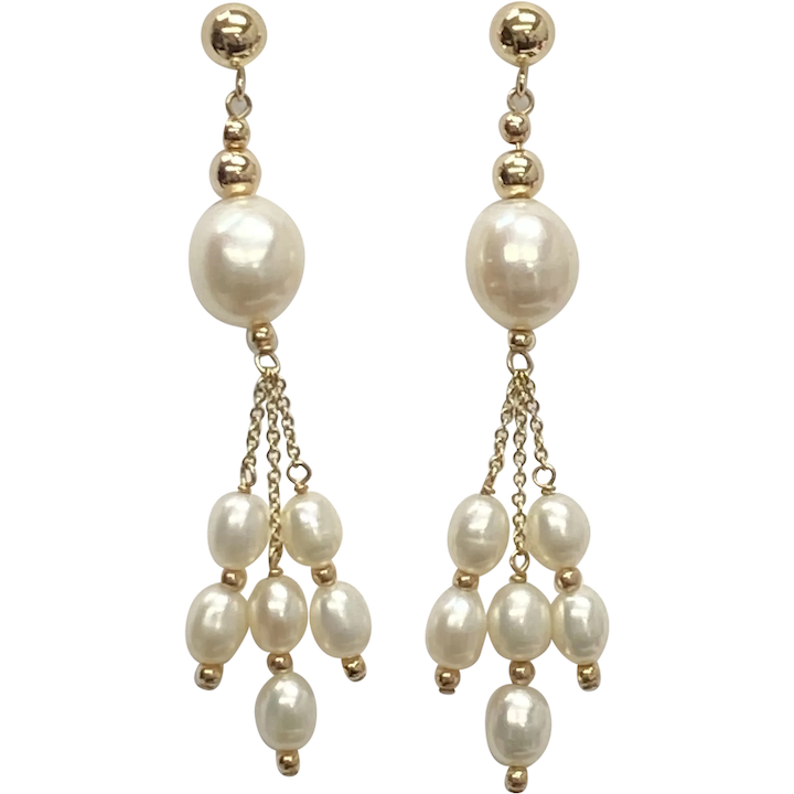 Cultured Pearl Dangle Tassel Earrings 14K Gold
