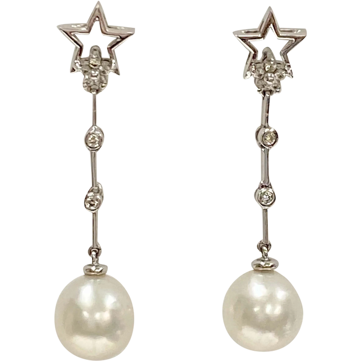 Cultured Pearl and Diamond Dangle Star Accent Earrings