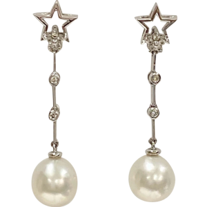 Cultured Pearl & Diamond Dangle Star Earrings 14K White Gold front