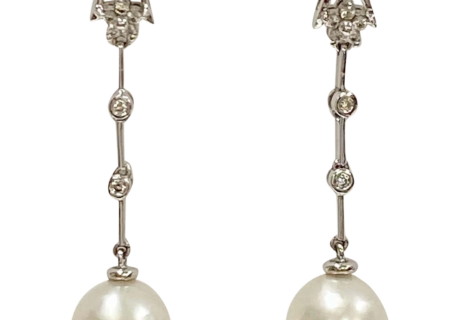 Cultured Pearl & Diamond Dangle Star Earrings 14K White Gold front
