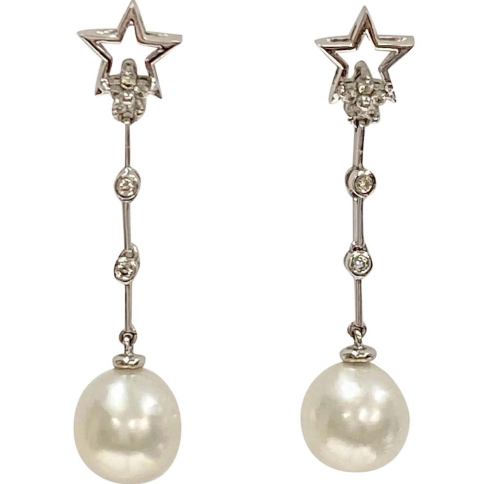 Cultured Pearl & Diamond Dangle Star Earrings 14K
