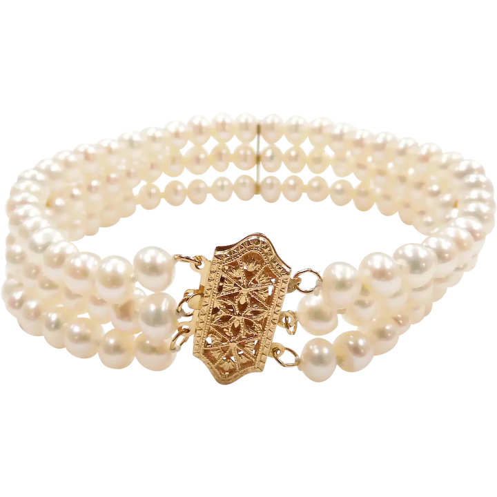 Yellow Gold Two-Strand Pearl Diamond Bracelet For Sale at 1stDibs
