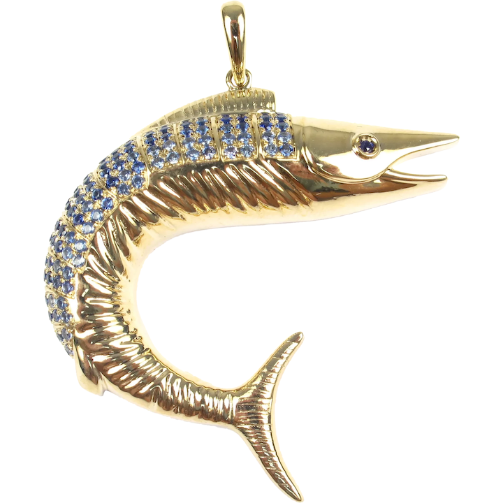 Custom 1.15 ctw Blue Sapphire Wahoo Sport Fish Pendant 14k yellow gold