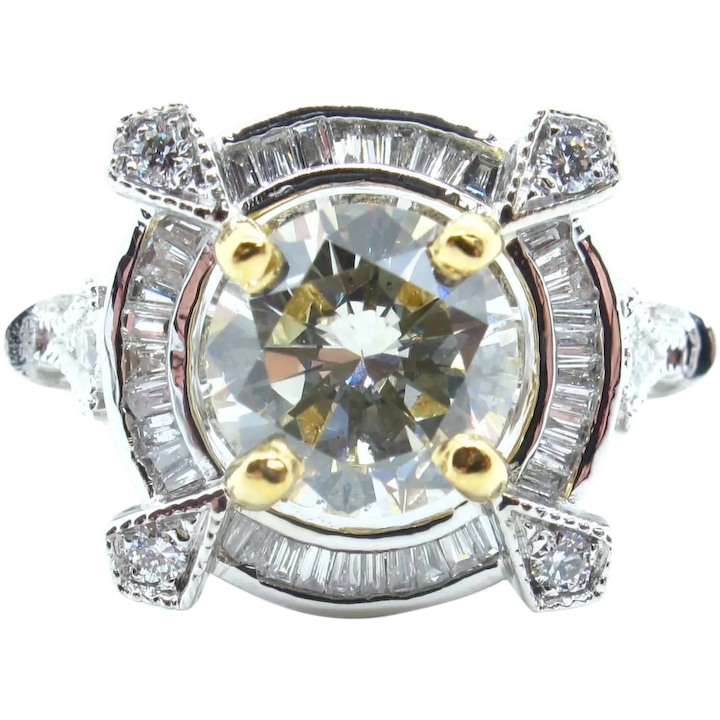 Custom 1.60 ctw Round Brilliant Diamond Art Deco Inspired Baguette Halo 14k Two Tone Ring