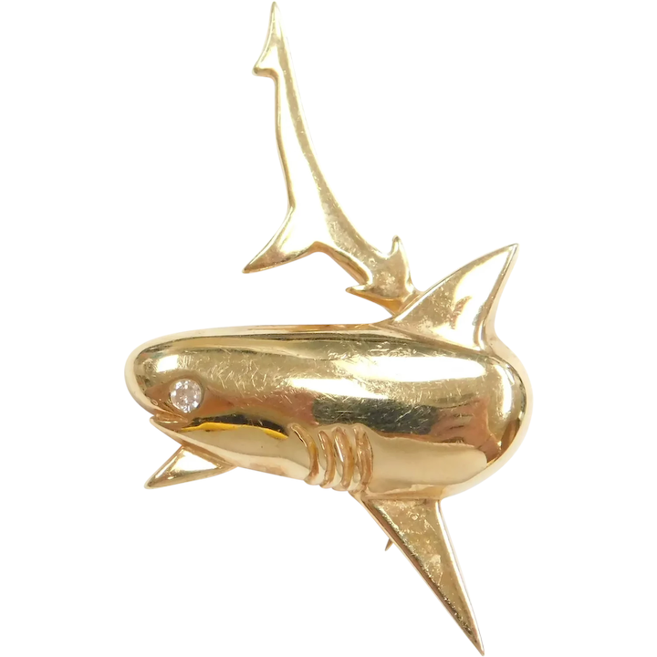 Diamond .02 Carat Shark Pin / Brooch 14k Gold