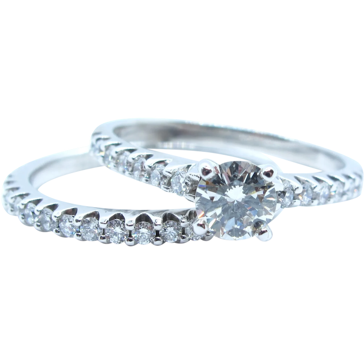 Diamond 1.00 ctw Engagement Ring and Wedding Band Ring Set Palladium