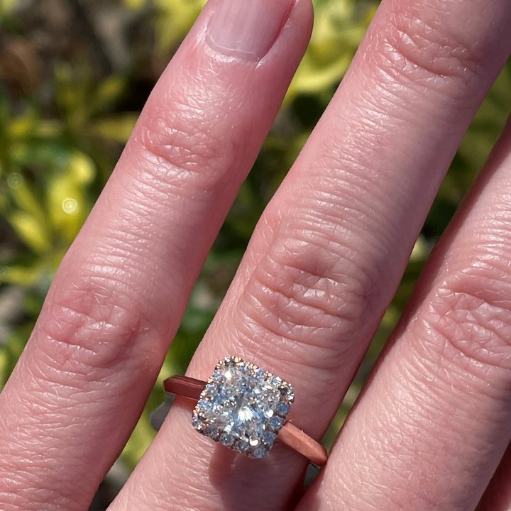 Three Stone Princess Cut Engagement Ring Rebecca 14K Rose Gold – Imagine  Diamonds