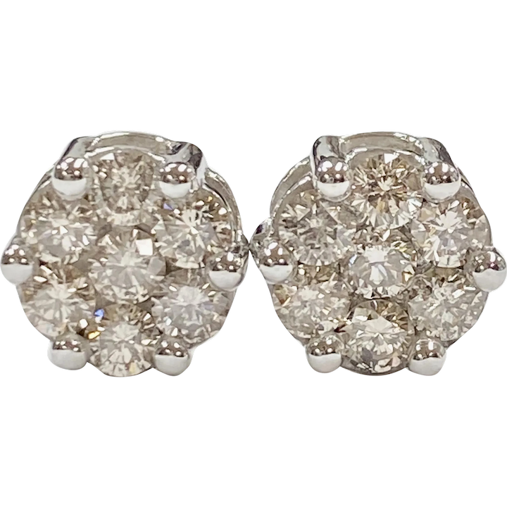 Diamond Cluster Stud Earrings 1.40 Carats tw 14k White Gold, 7.6 Carat LOOK