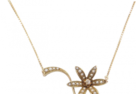Diamond and Seed Pearl Flower Necklace 19 1/2″ 14k Gold