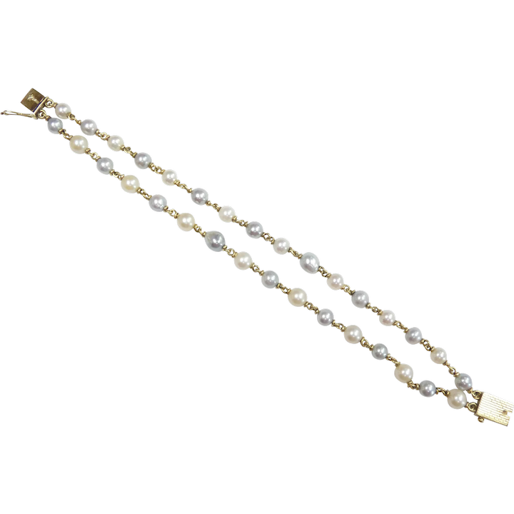 Double Strand Alternating Pearl Bracelet 14k Yellow Gold