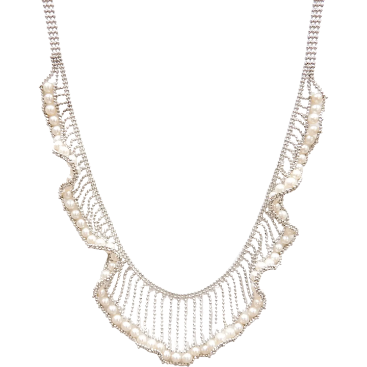 Dressy Cultured Pearl Fancy Bib Necklace 14k White Gold