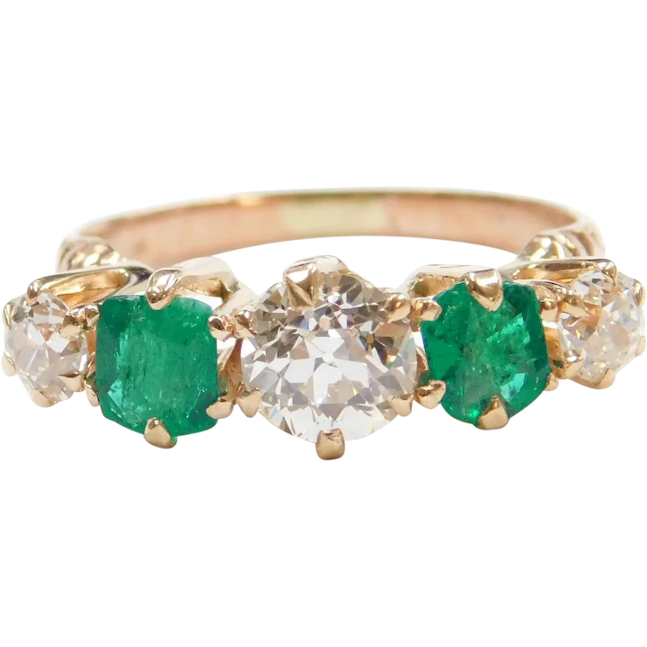 Edwardian 1.78 Old European Cut Diamond and Natural Emerald Ring 14k Rose Gold