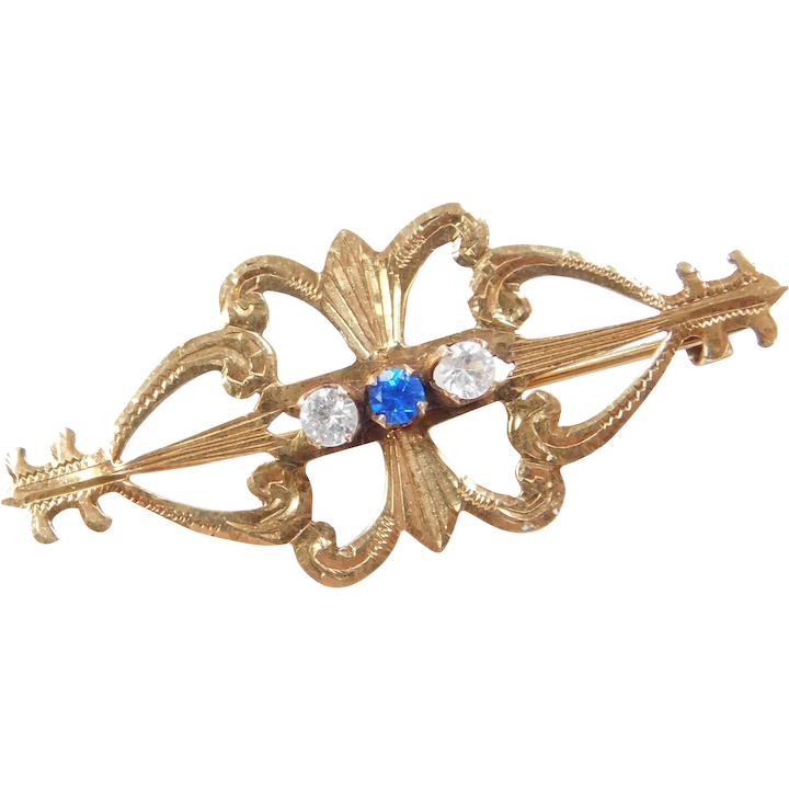 Edwardian 14k Gold Blue and White Spinel Pin Brooch