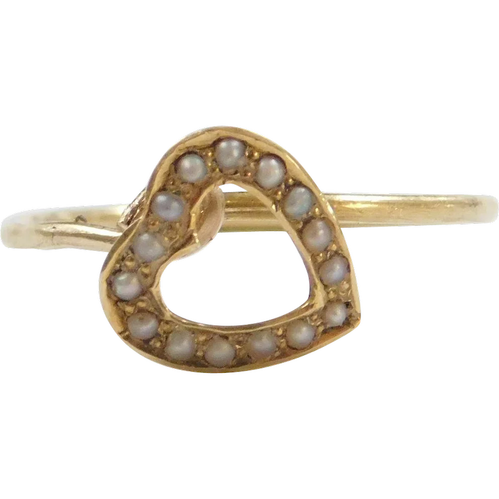 Edwardian 14k Gold Seed Pearl Heart Ring ~ Converted Stick Pin