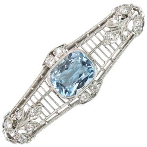 Edwardian 3ctw Cushion Aquamarine with Diamond Detailing Brooch in Platinum