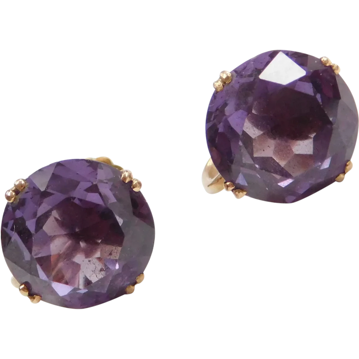 Edwardian 7.40 ctw Color Changing Lab Alexandrite 14k Gold Screw Back Earrings
