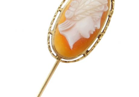Edwardian Carved Shell Cameo Stick Pin 14k Gold