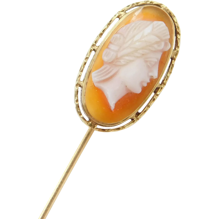Edwardian Carved Shell Cameo Stick Pin 14k Gold