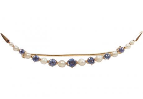 Edwardian Ceylon Sapphire and Seed Pearl .82 ctw Crescent Moon Pin / Brooch