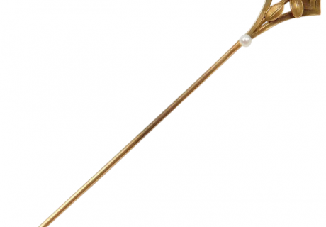 Edwardian Citrine and Seed Pearl Stick Pin 14k Gold