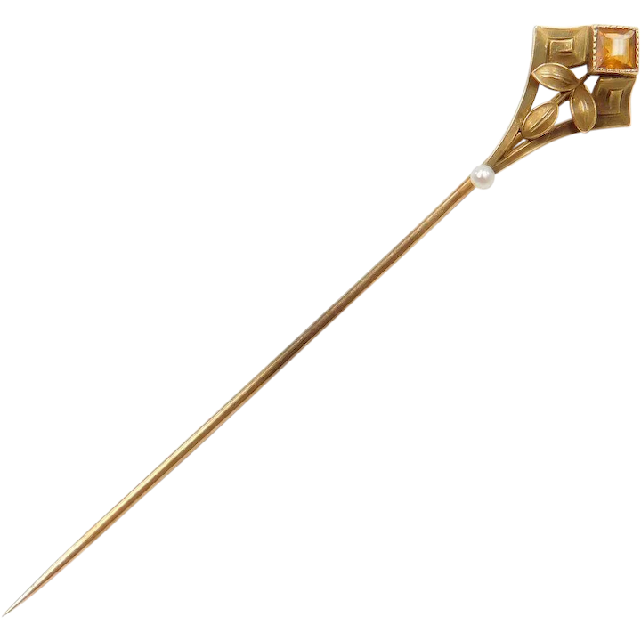Edwardian Citrine and Seed Pearl Stick Pin 14k Gold