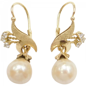 Edwardian Cultured Pearl and White Spinel Dangle Earrings 14k Gold