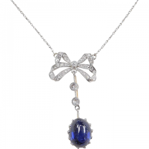 Edwardian Diamond and Sapphire Bow Necklace 3.30 ctw~ 18k Gold and Platinum