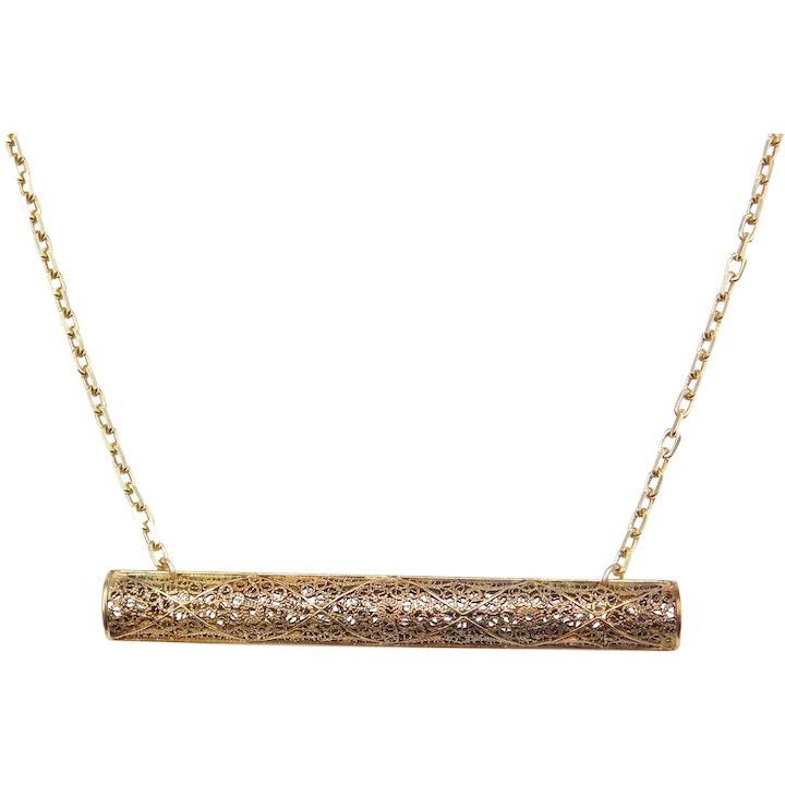 Edwardian Filigree Bar Pin Necklace Conversion 14k Gold