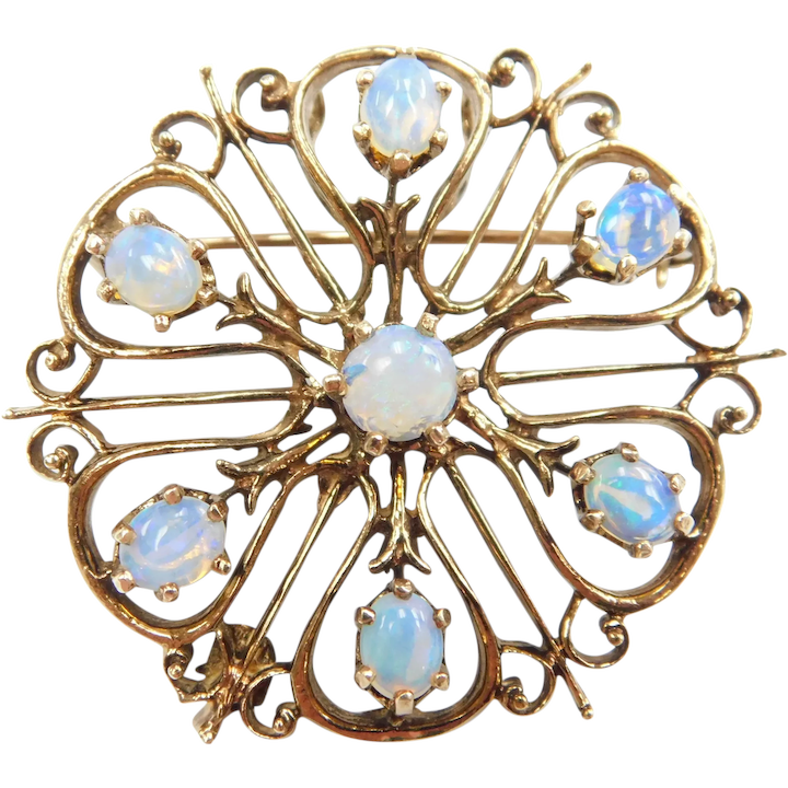 Edwardian Opal Ornate Pendant / Pin / Brooch 14k Gold