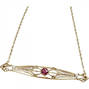 Edwardian Pink Tourmaline & Seed Pearl Filigree Bar Pin Necklace Conversion 10k Gold