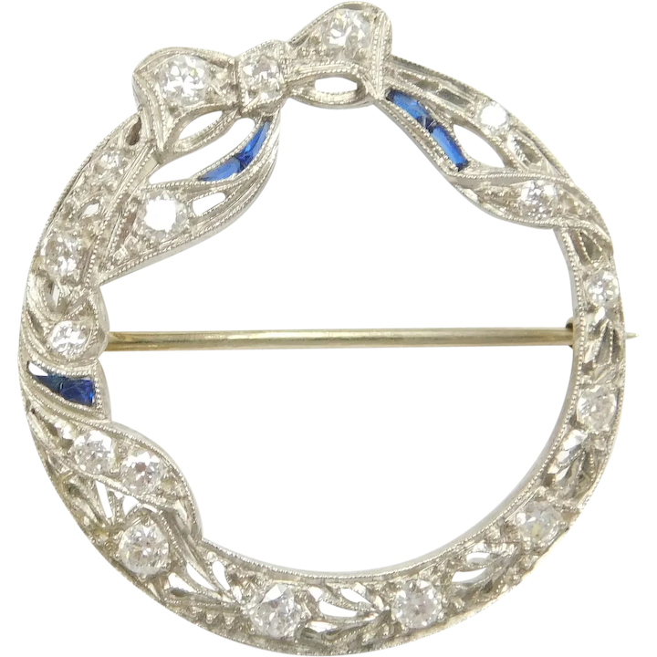 Edwardian Sapphire and Diamond .536 ctw Circle with Bow Pin / Brooch Platinum