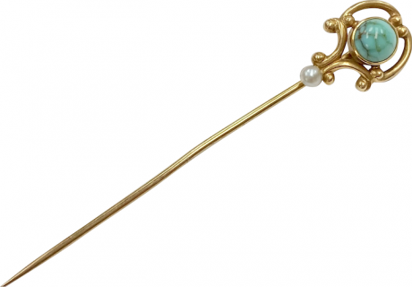 Edwardian Stick Pin 14K Gold Turquoise & Seed Pearl