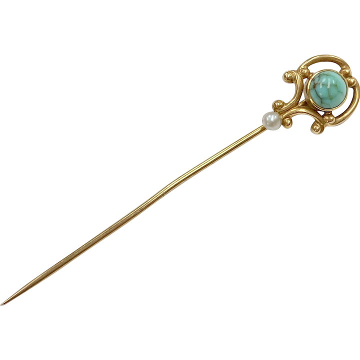 Edwardian Stick Pin Turquoise & Seed Pearl 14k