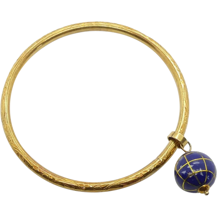 Etched Bangle with Globe Charm 14K Yellow Gold