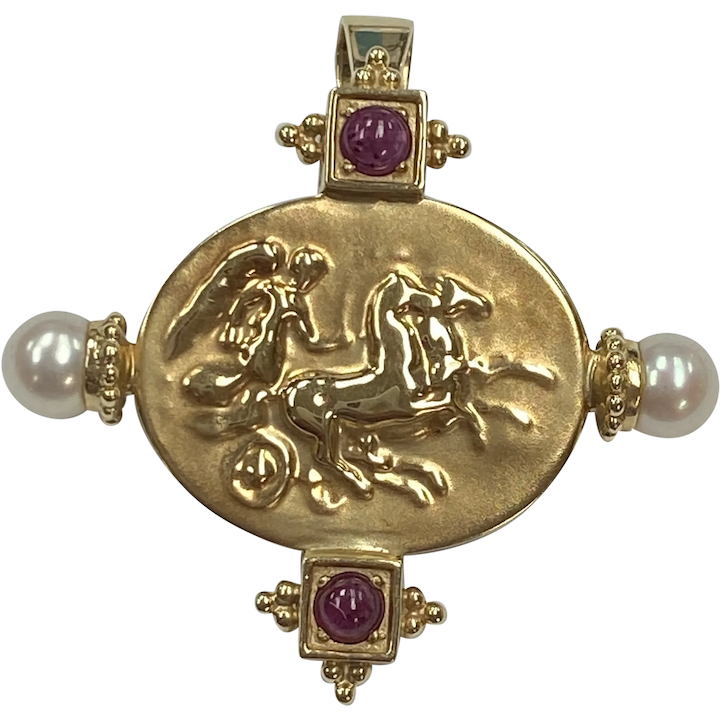 Etruscan Style Pendant Brooch 14K Gold, Ruby and Cultured Pearl