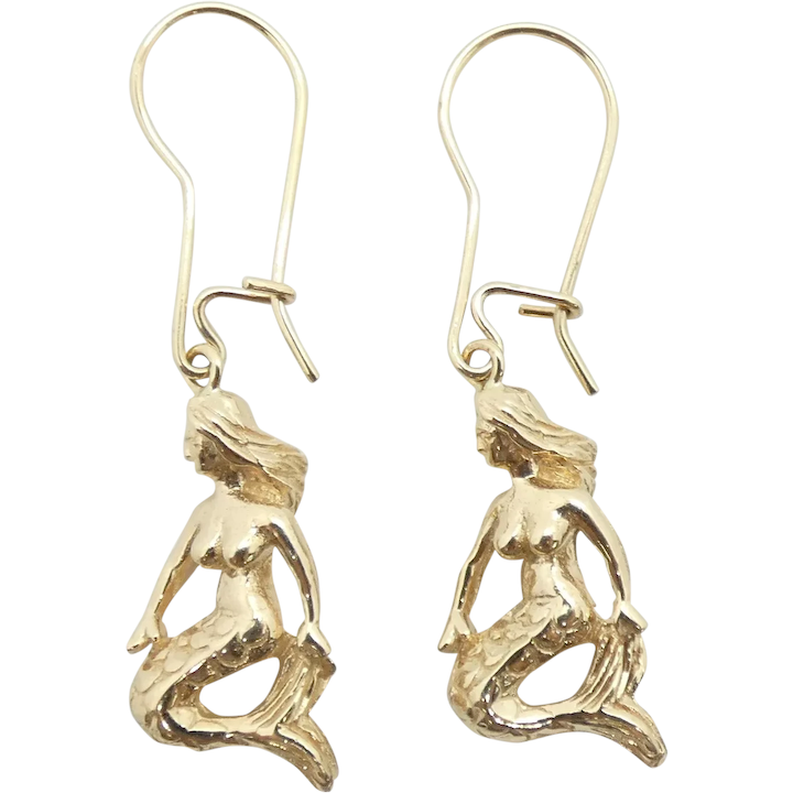 Exotic Mermaid Dangle Earrings 14K Yellow Gold