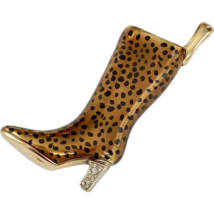 Fashion Boot Charm/Pendant 14K Gold Leopard Enamel & Diamond