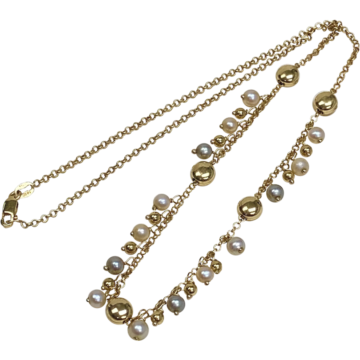 Fashion Necklace Gold Station Bead Pearl & Gold Bead Dangles