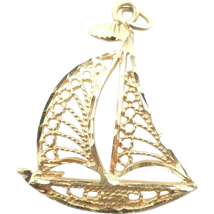 Filigree Sloop Sailboat Pendant/Charm 14k Yellow Gold