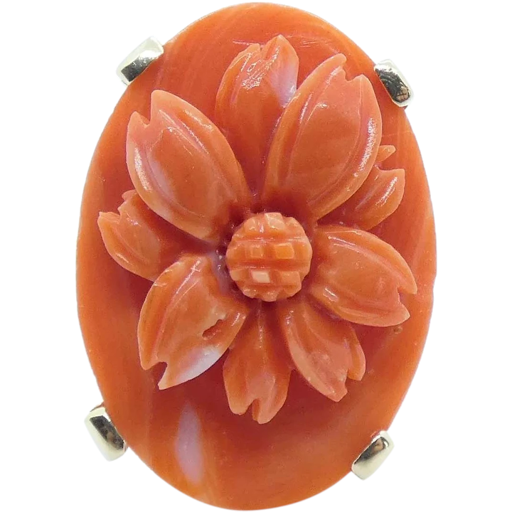 Floral Carved Coral Ring 14K Yellow Gold