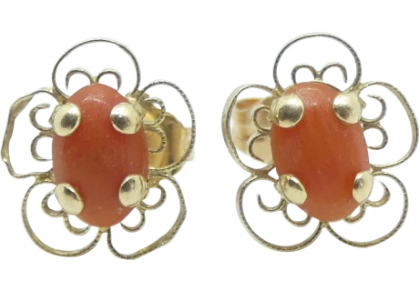 Floral Coral Filigree Stud Earrings 14k Yellow Gold