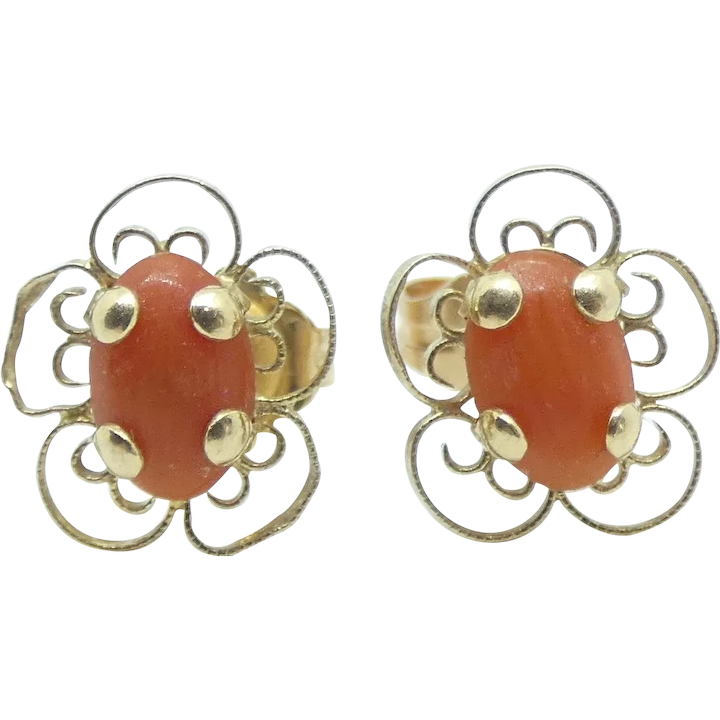Floral Coral Filigree Stud Earrings 14k Yellow Gold