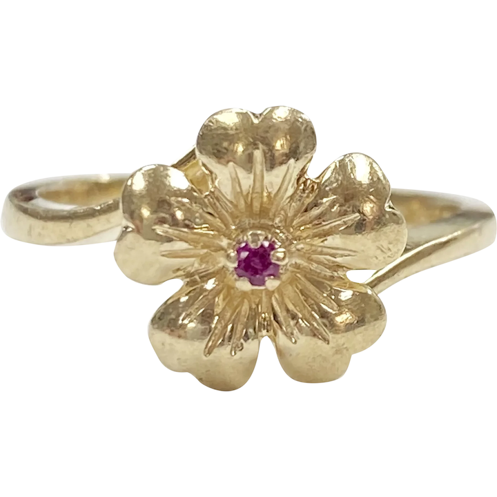 Forget Me Not Flower Ring Ruby Accent 14K Gold