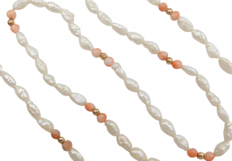 Freshwater Pearl and Angel Skin Coral Bead Necklace 14k Gold