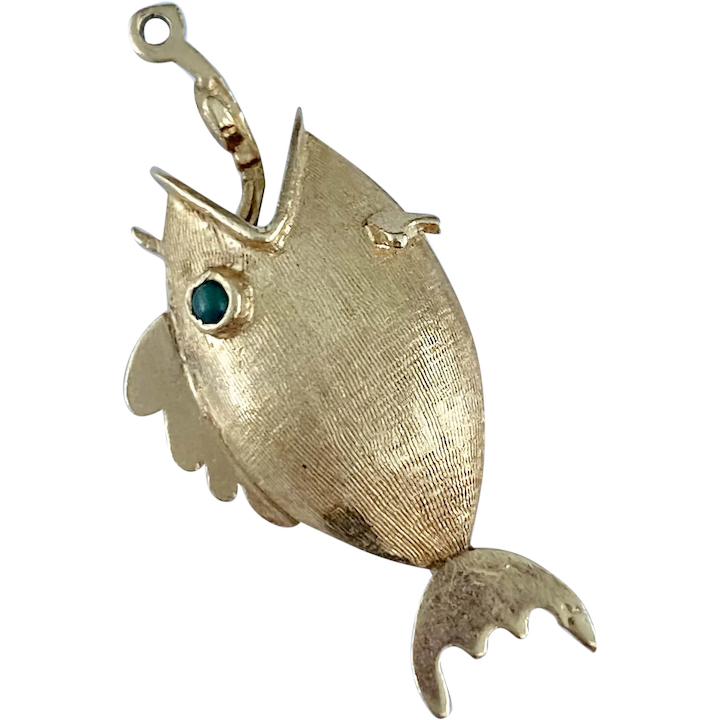 Fun Hooked FISH Vintage Charm 14K Gold & Green Turquoise