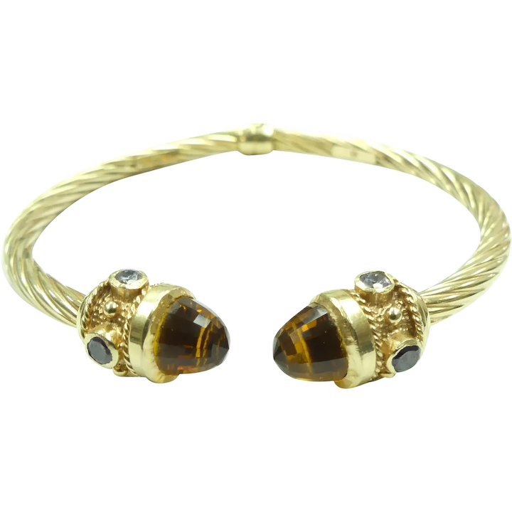 Fun Multi-Gemstone Hinged Cuff Bracelet 14K Yellow Gold